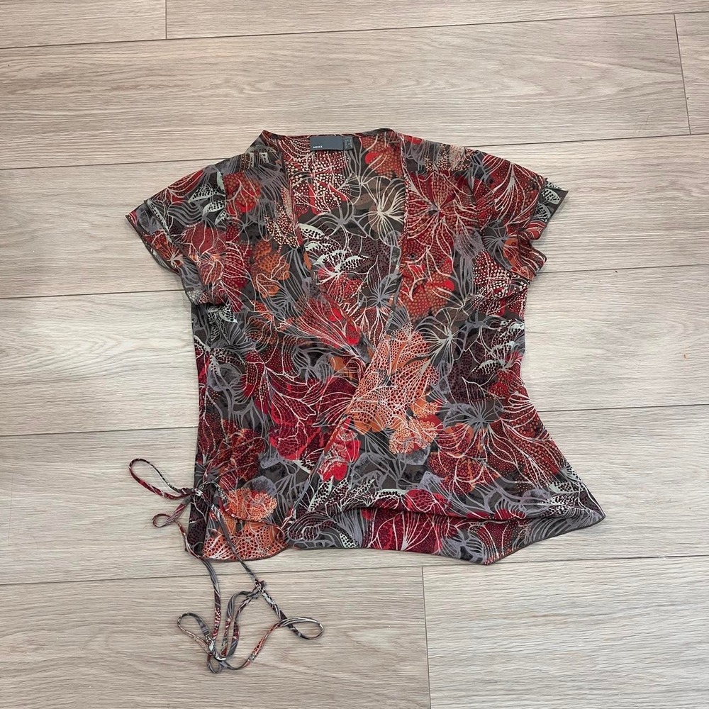 Mexx Y2K Floral Wrap Top Red Brown Abstract Print Women 6 Boho Fairy Grunge